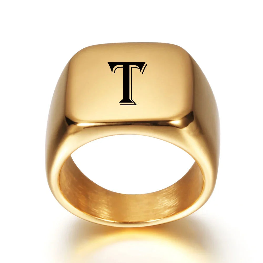 Wide men's ring personalized with initial t
