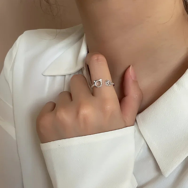 Cat Ring Band with Silver Paws