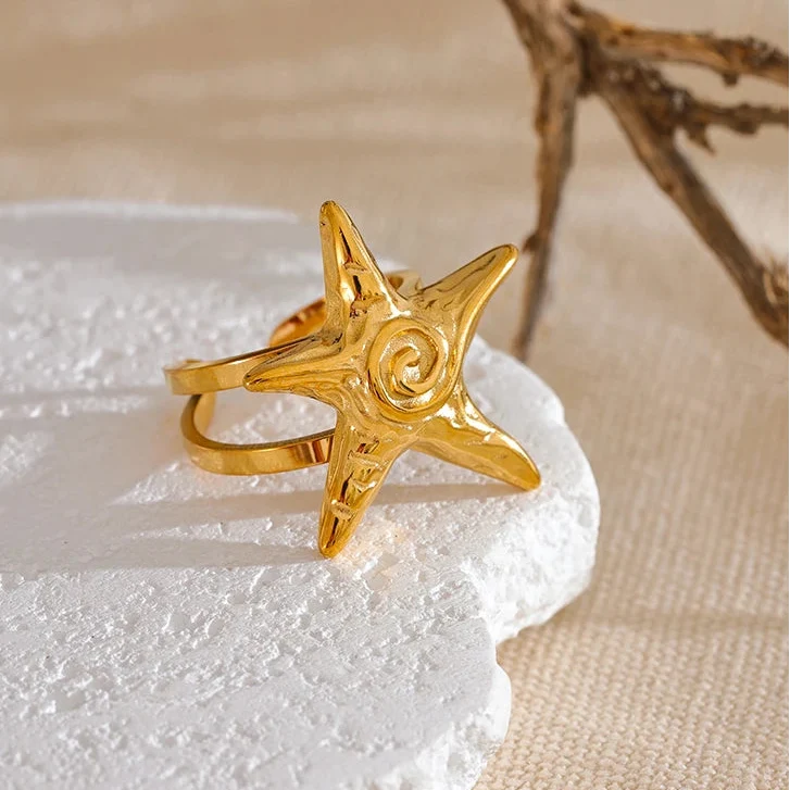 Gold-tone starfish seashell ring for women