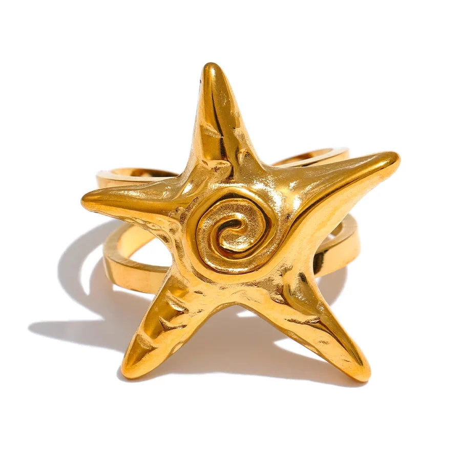 Gold-tone starfish seashell ring for women