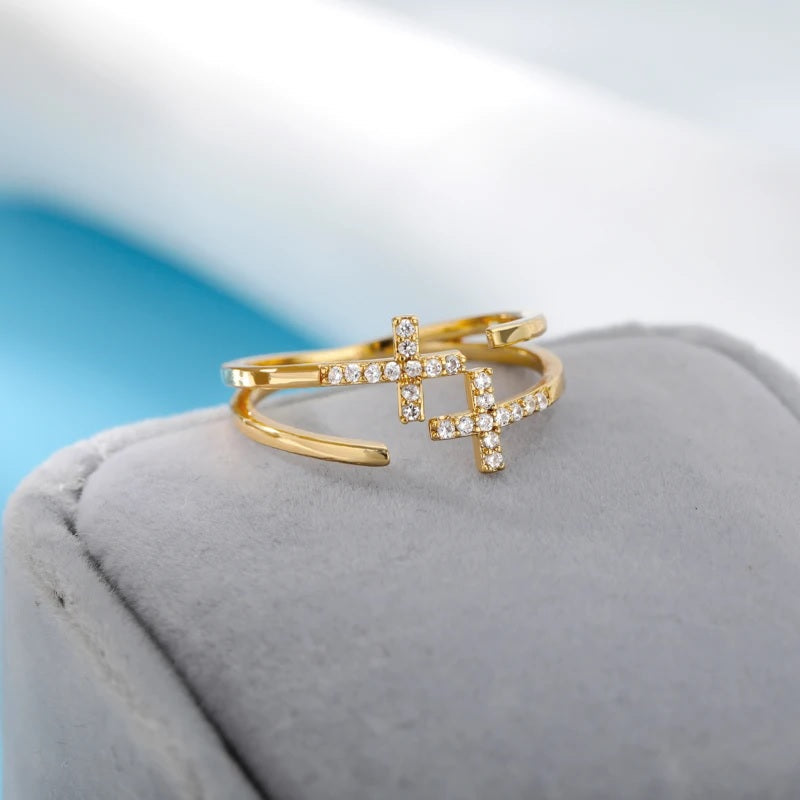 Christian Cross Zircon Ring for Women Gold Silver
