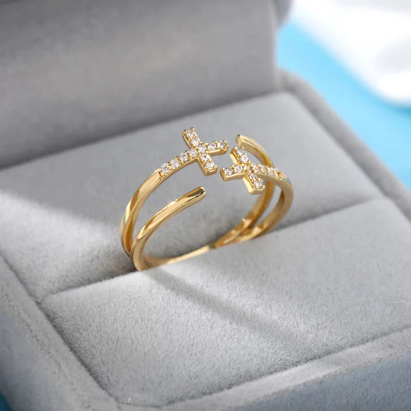 Christian Cross Zircon Ring for Women Gold