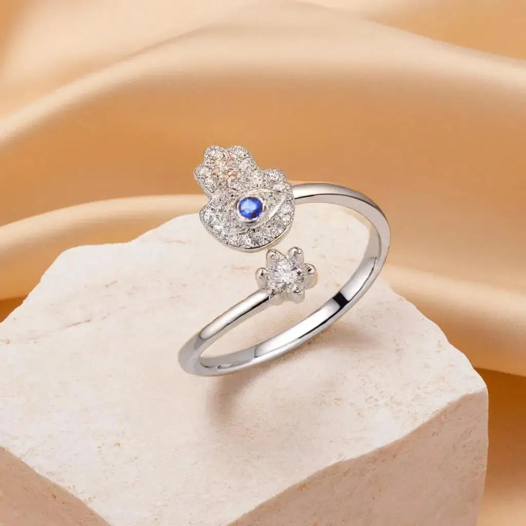 Women's protection ring with Arabic Hamsa in silver