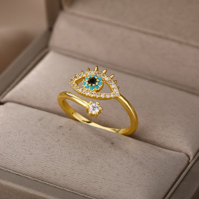 Diamond Ring Against the Evil Eye Blue Greek Turkish Matiasma Mataki Gold