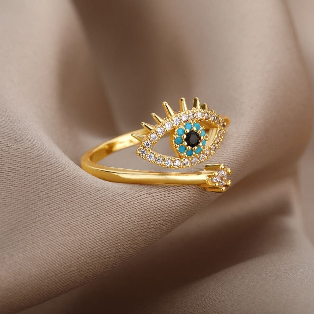 Diamond Ring Against the Evil Eye Blue Greek Turkish Matiasma Mataki Gold