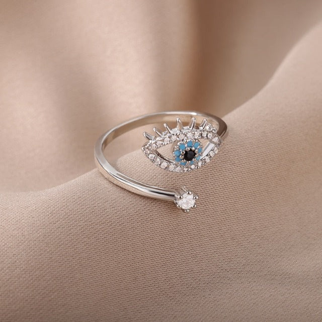 Diamond Ring Against the Evil Eye Blue Greek Turkish Matiasma Mataki Silver