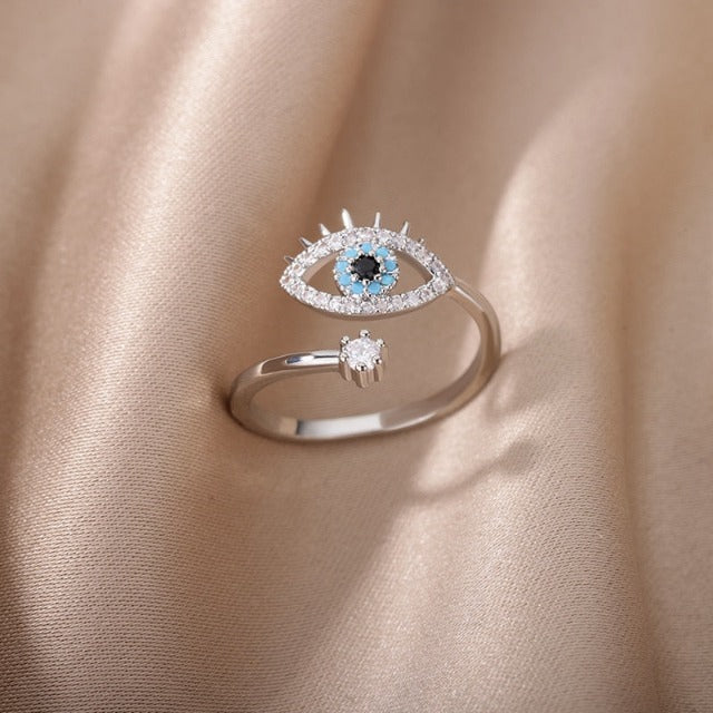 Diamond Ring Against the Evil Eye Blue Greek Turkish Matiasma Mataki Silver