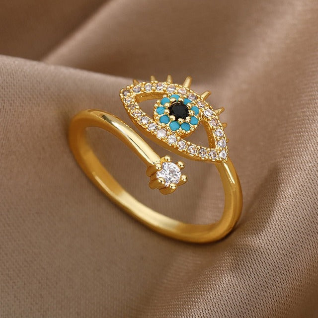 Diamond Ring Against the Evil Eye Blue Greek Turkish Matiasma Mataki Gold