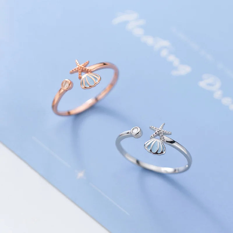 Ring Shells Starfish and Scallop Shell and Rose Gold Zirconia