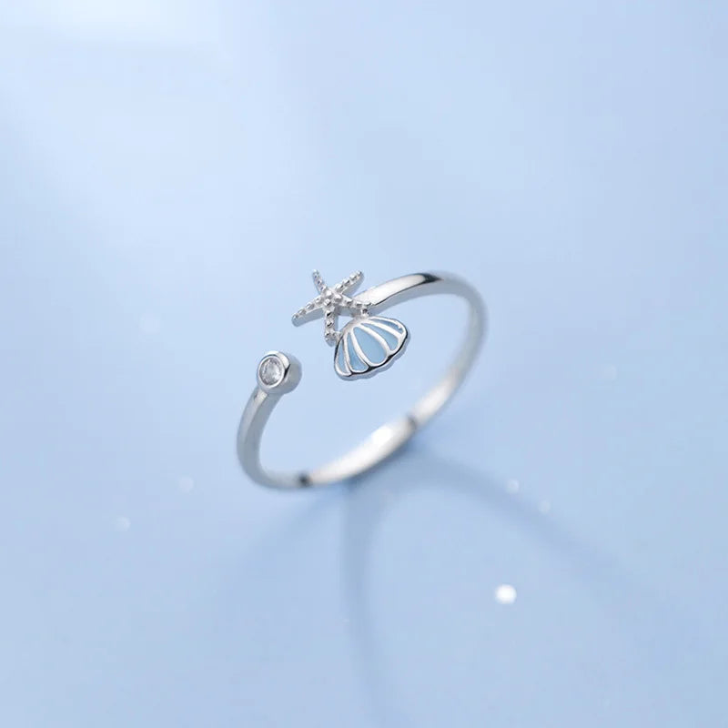 Ring Shells Starfish and Scallop Shell and Silver Zirconia