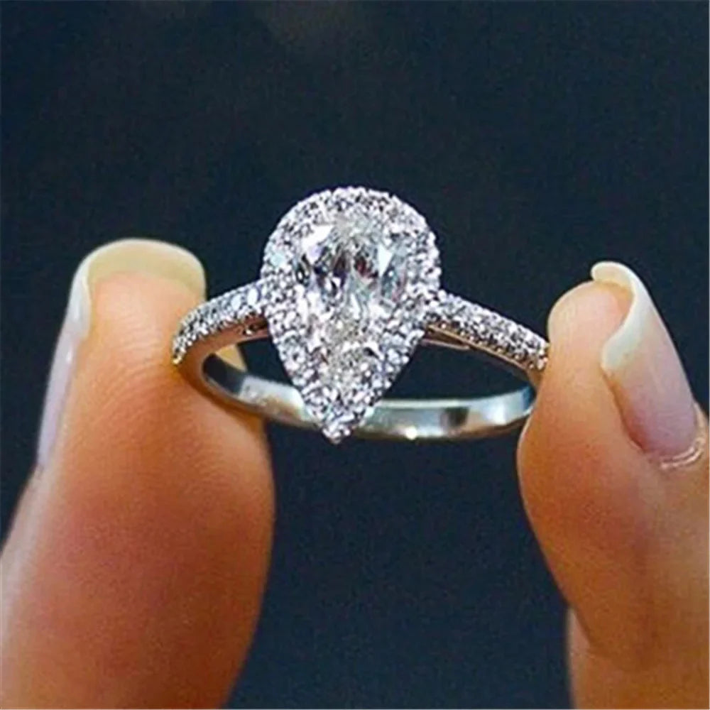 Silver Water Drop Zircon Ring