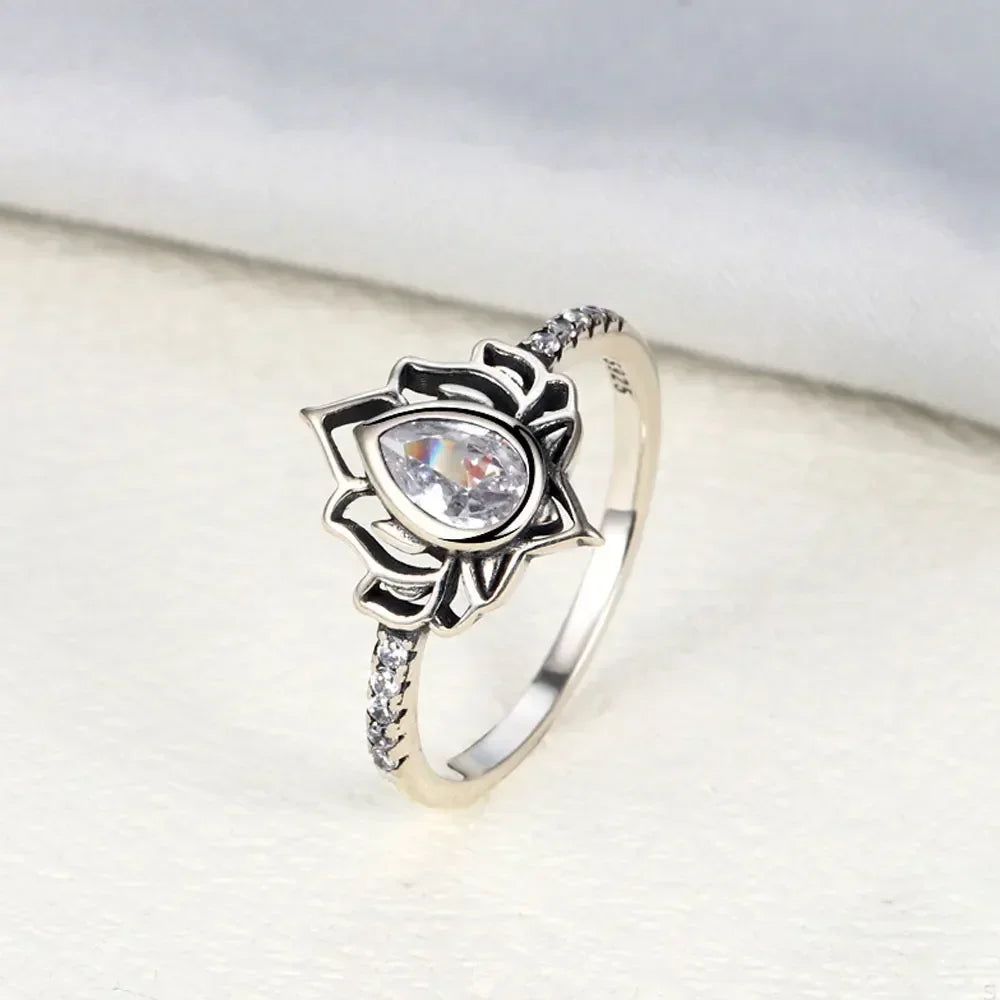 Silver Lotus Flower Ring for Women white