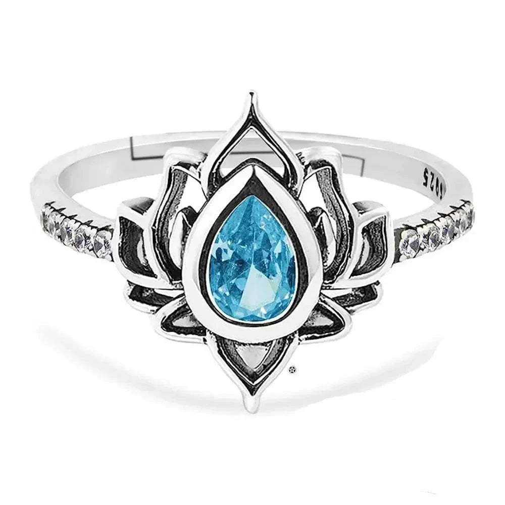 Silver Lotus Flower Ring for Women blue