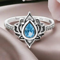 Silver Lotus Flower Ring for Women blue