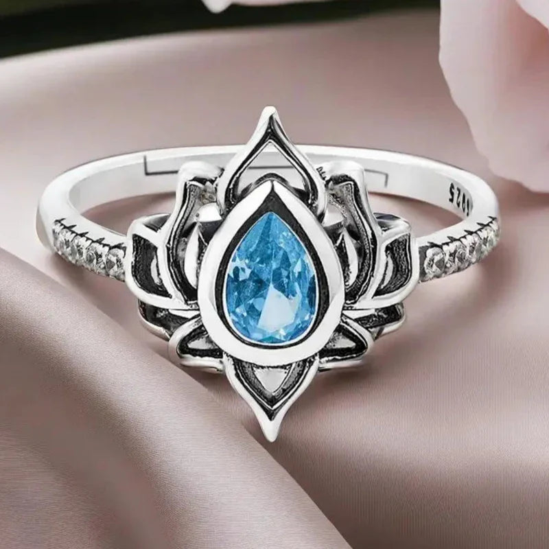 Silver Lotus Flower Ring for Women blue