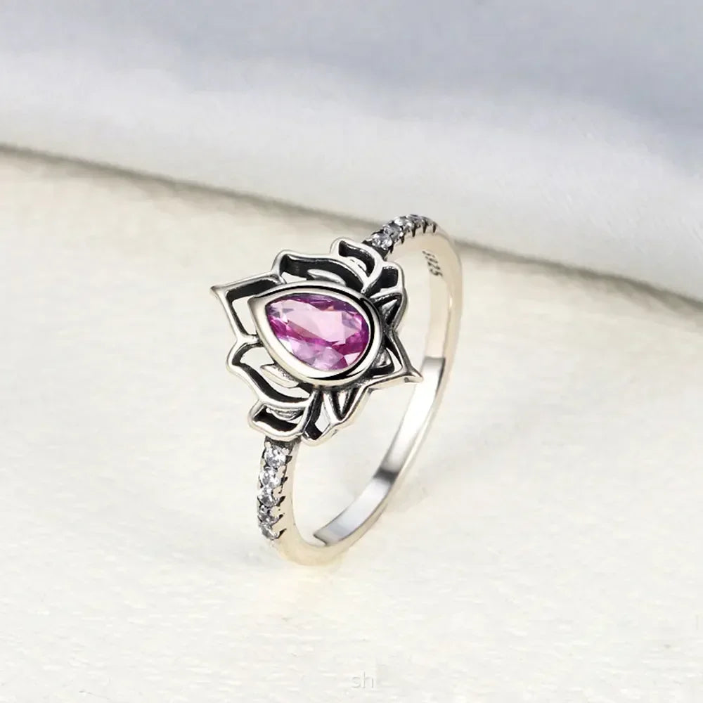 Silver Lotus Flower Ring for Women pink