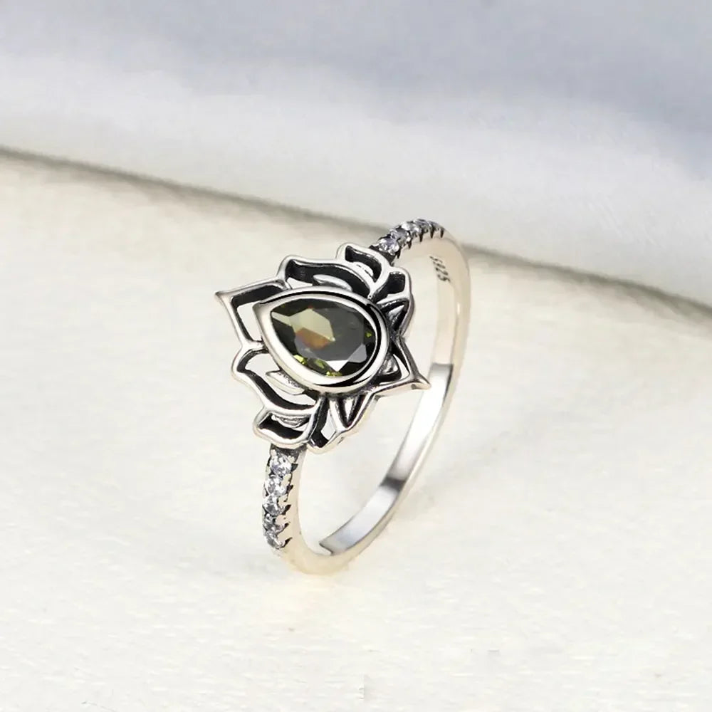 Silver Lotus Flower Ring for Women green