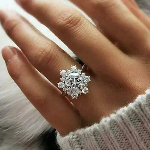 Women's Winter Snowflake Ring Silver Zircons