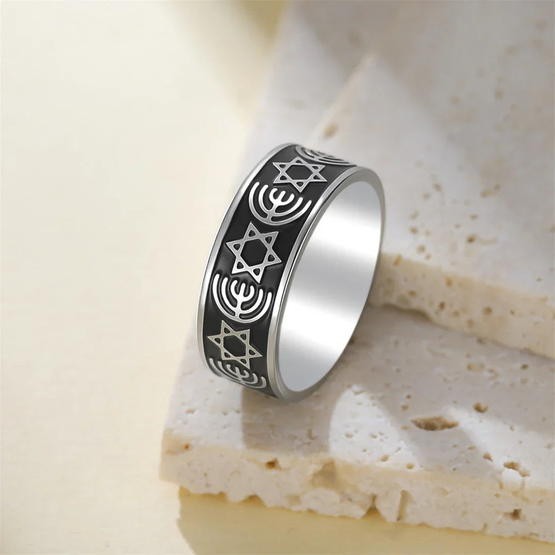 Wide Menorah and Star of David ring, Jewish symbols