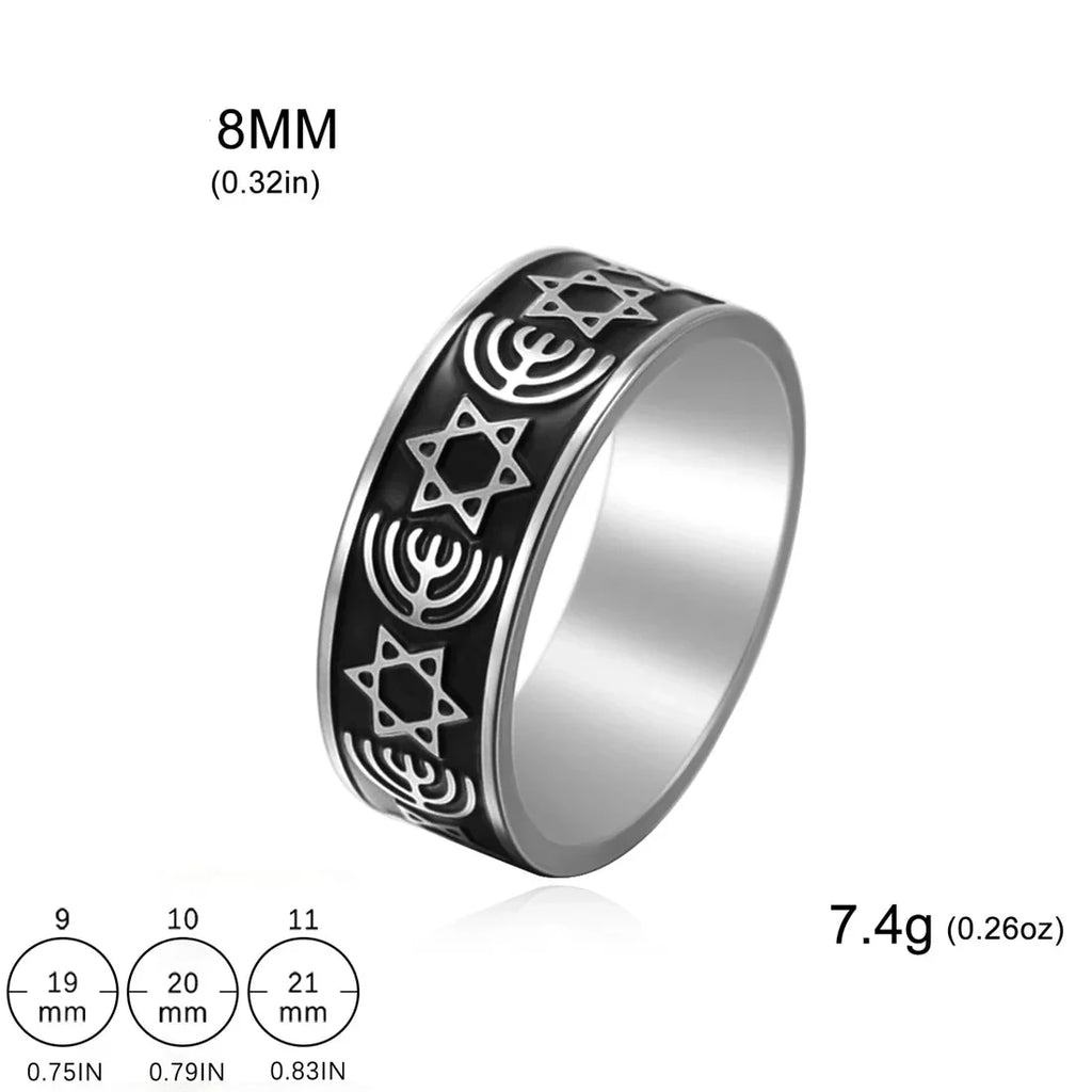Wide Menorah and Star of David ring, Jewish symbols