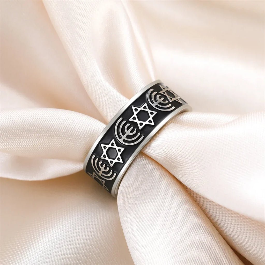 Wide Menorah and Star of David ring, Jewish symbols