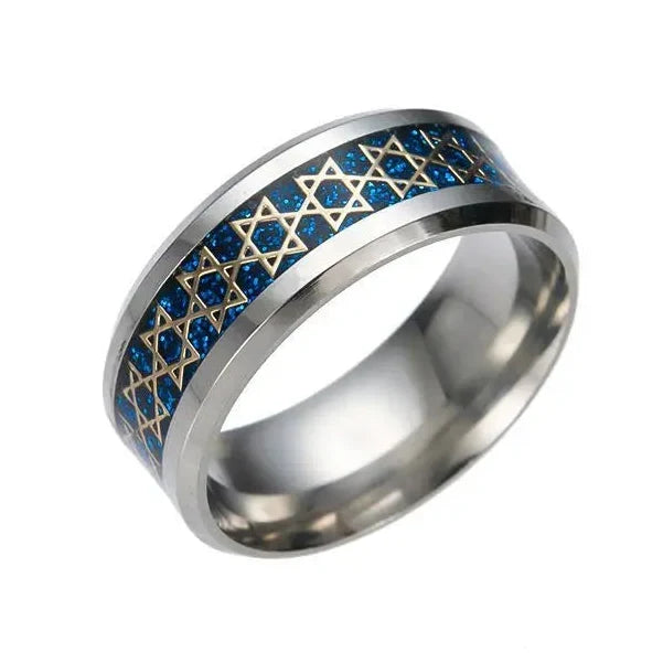 Wide men's ring with blue Jewish Star of David symbol