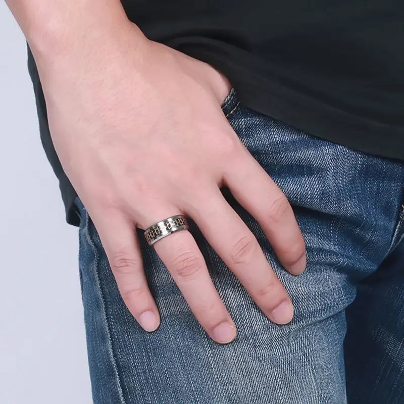 Wide men's ring with black Jewish Star of David symbol