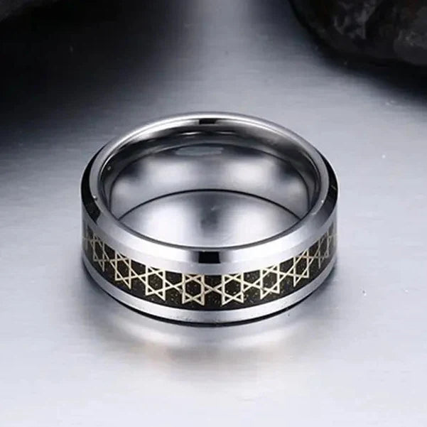 Wide men's ring with black Jewish Star of David symbol