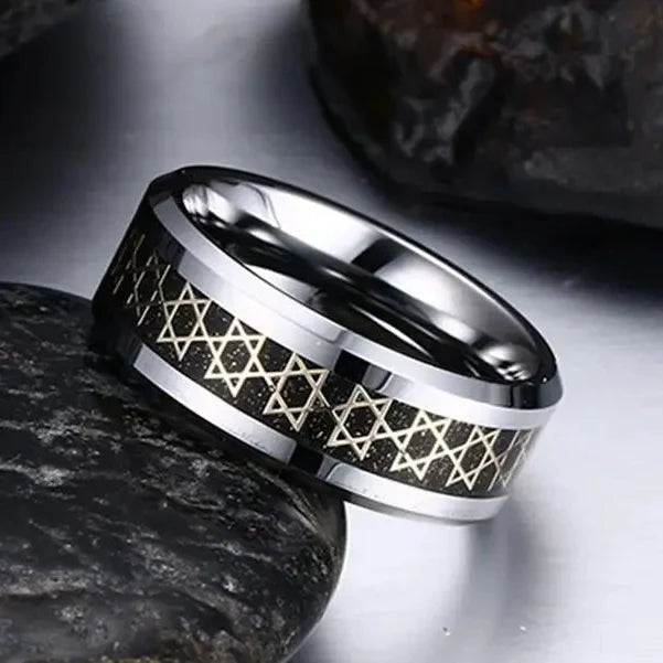 Wide men's ring with black Jewish Star of David symbol