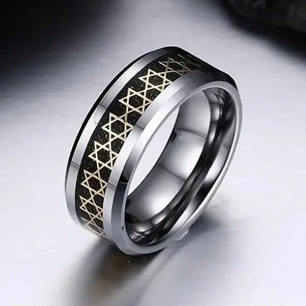 Wide men's ring with black Jewish Star of David symbol