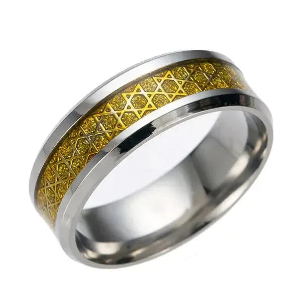 Wide men's ring with gold Jewish Star of David symbol