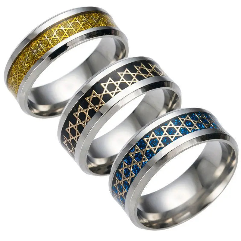 Wide men's ring with gold Jewish Star of David symbol