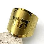 Wide unisex ring with Hebrew engraving, gold