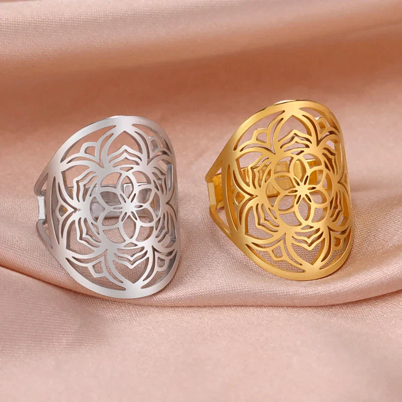 Mandala Ring Woman Flower Gold Band