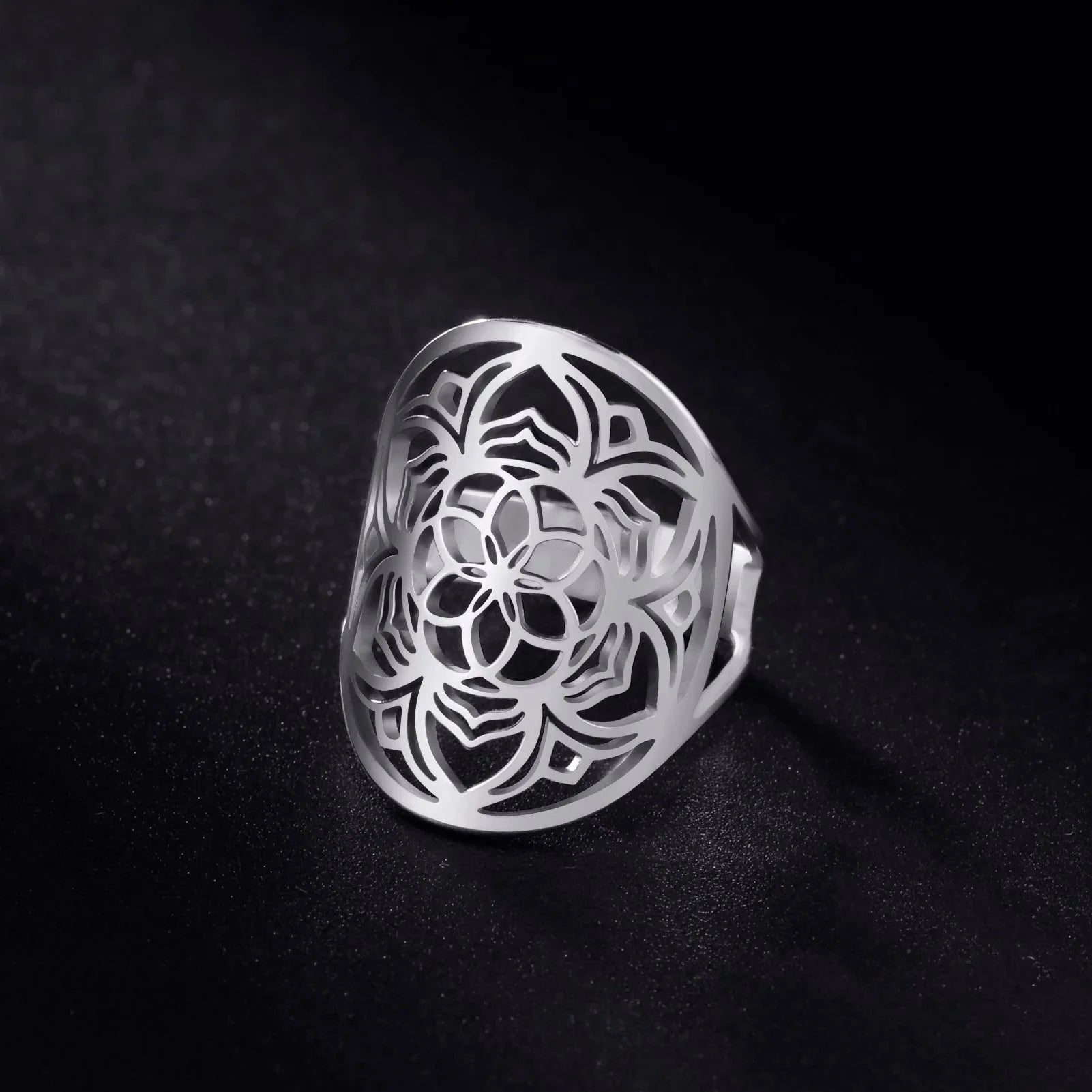 Mandala Ring Woman Flower Silver Band