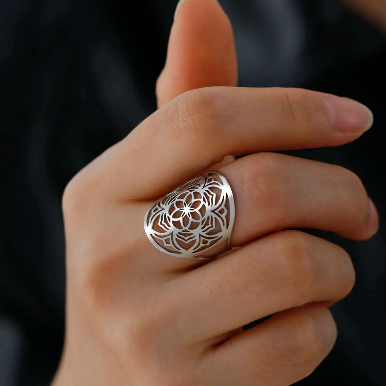 Mandala Ring Woman Flower Silver Band