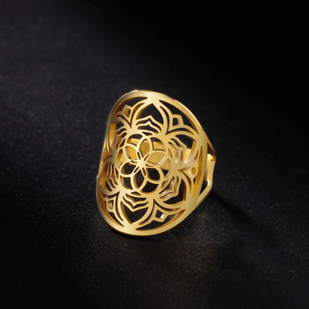 Mandala Ring Woman Flower Gold Band
