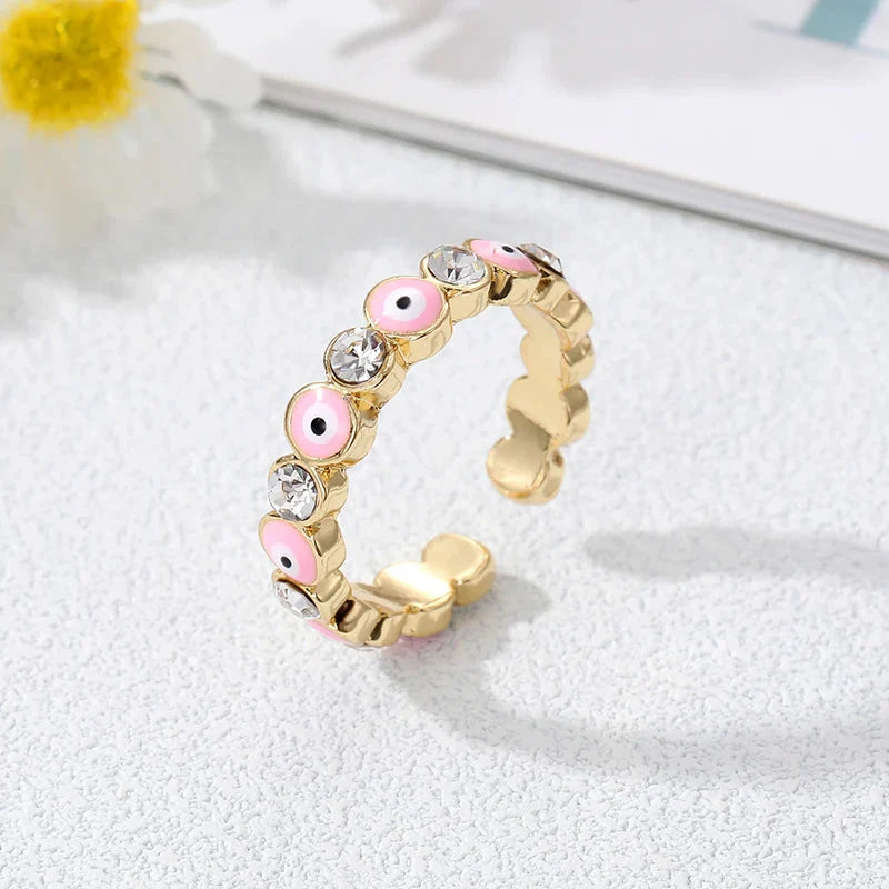 Pink Blue Turkish Evil Eye Ring Bohemian Style