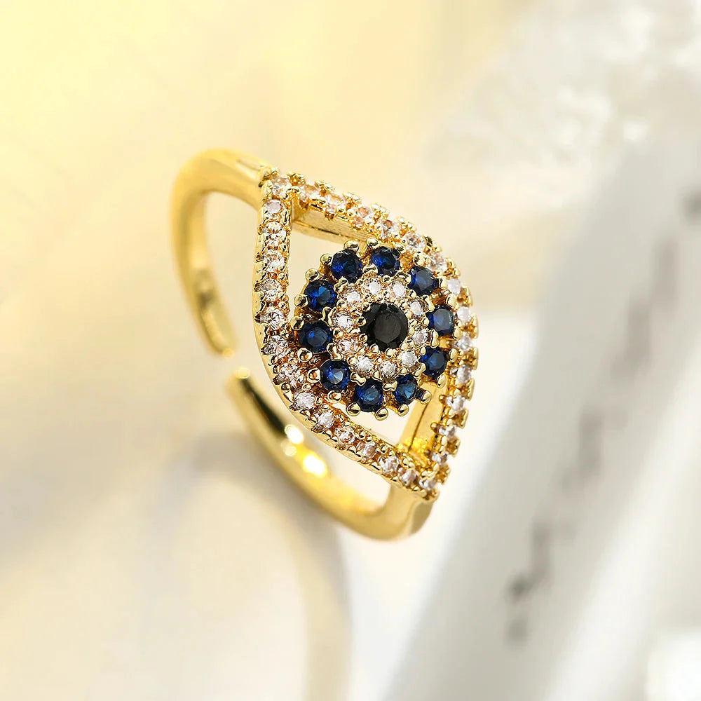 Gold Blue Turkish Evil Eye Zircon Ring
