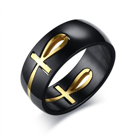 Black and Gold Egyptian Cross Pattern Ring