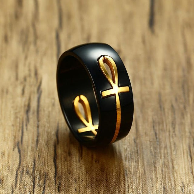 Black and Gold Egyptian Cross Pattern Ring