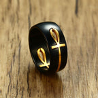 Black and Gold Egyptian Cross Pattern Ring