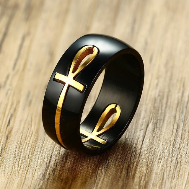Black and Gold Egyptian Cross Pattern Ring