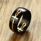 Black and Gold Egyptian Cross Pattern Ring