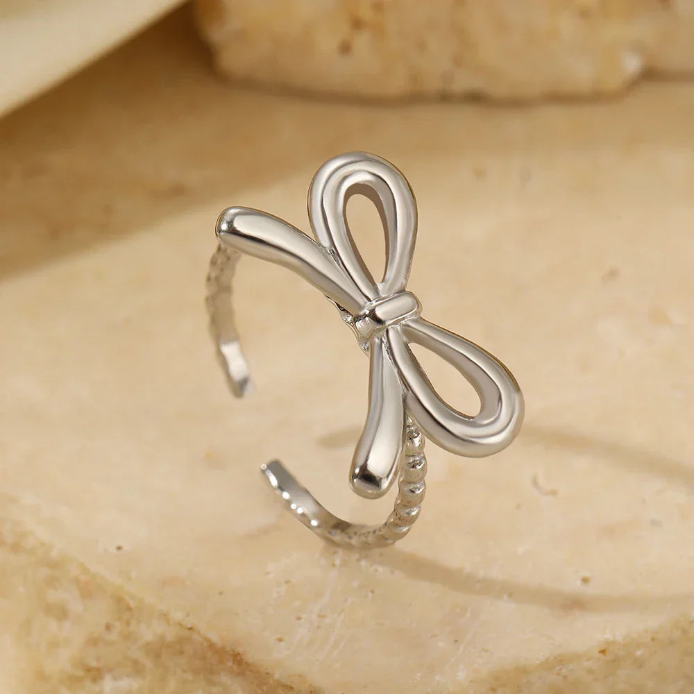 Bow ring for women, silver