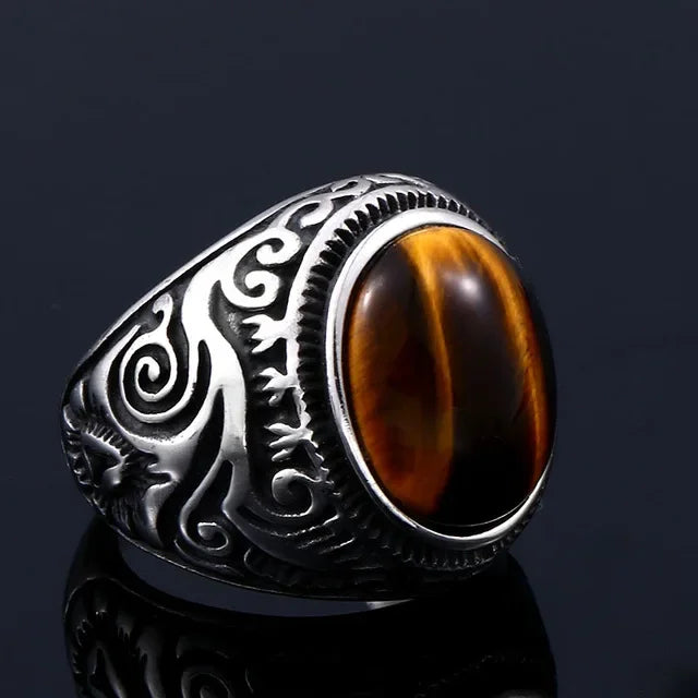 Tiger Eye Men's Ring Decorated Silver