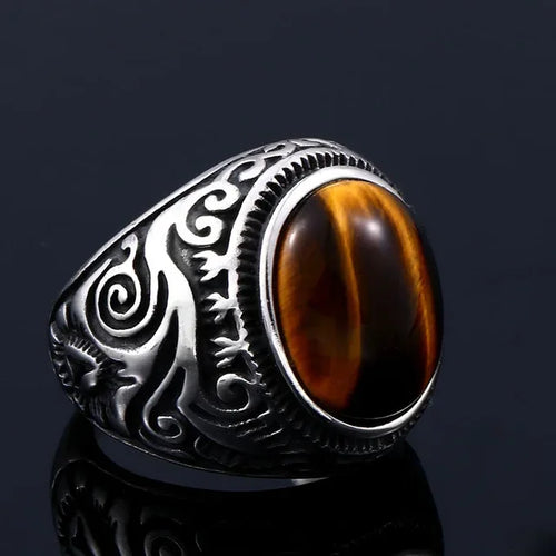 Tiger Eye Men's Ring Decorated Silver