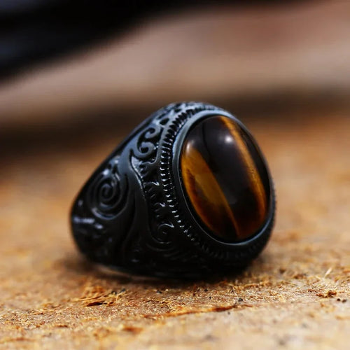 Tiger Eye Men's Ring Decorated Black