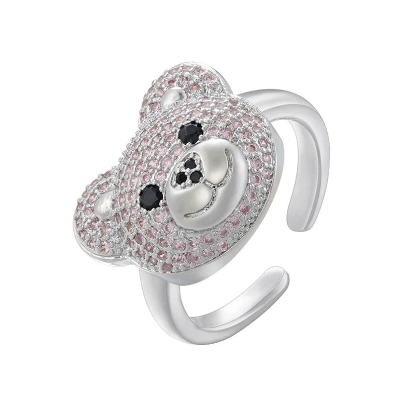 Bear Stone Silver and Pink Ring