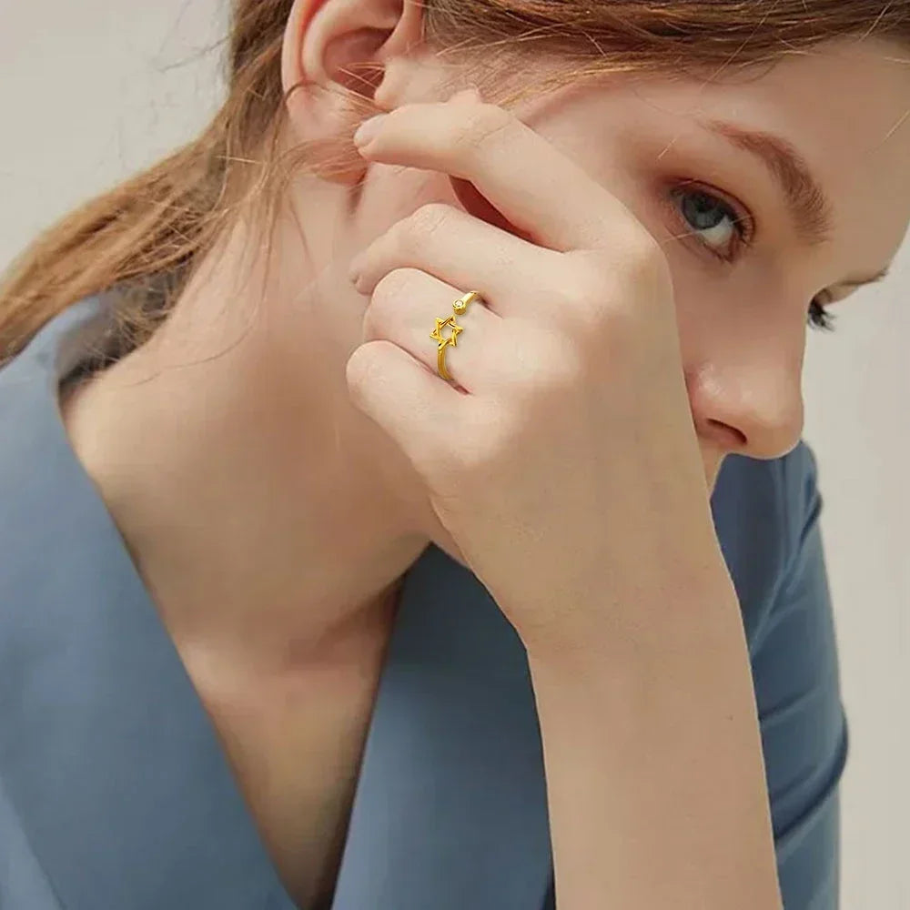 Open ring for women with the Star of David, Jewish symbol, gold